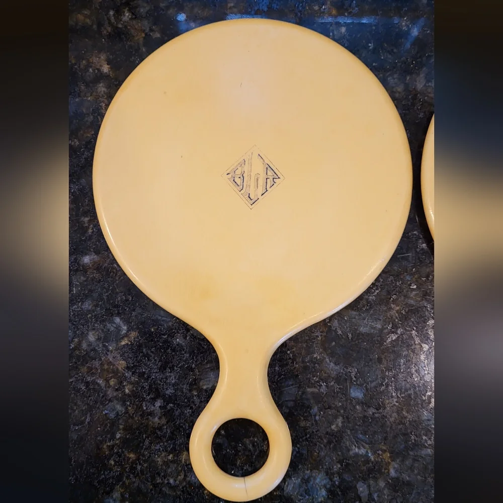 Pair of Antique Round Handled Cream Celluloid Vanity Hand Mirrors